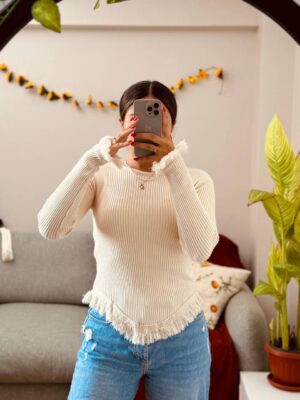 Beige Tassels BASICS Ribbed Form-Fitting Long Sleeve Tee One Size