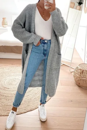 Gray Oversized Balloon Sleeve Knitted Cardigan