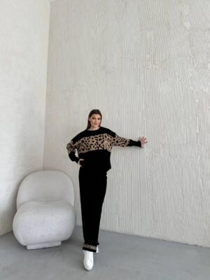 Black Knitting Suit Hemp Flower Single-Breasted Knitted Cardigan + Pants